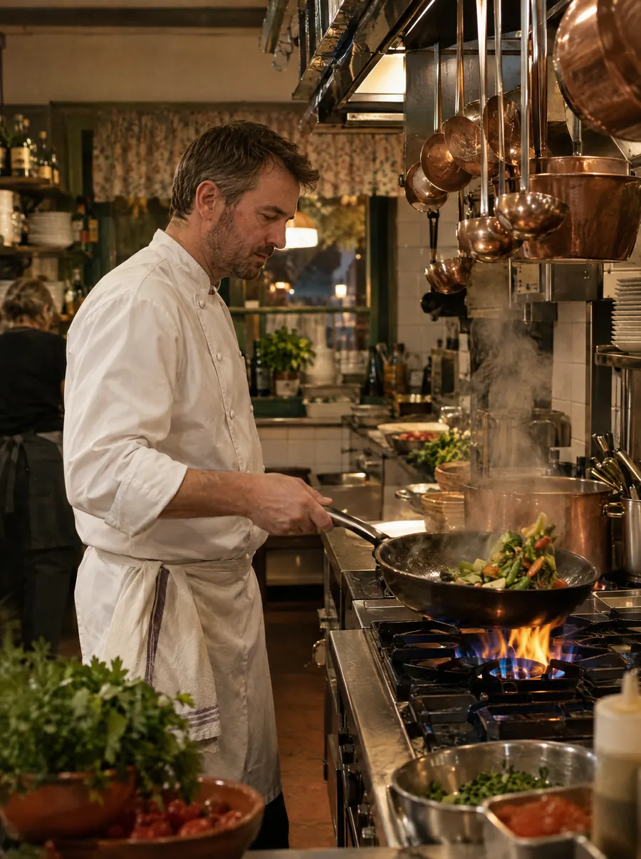 Ein Koch schwenkt am Abend in der kleinen Küche eines Familienrestaurants Gemüse in der Pfanne über der Gasflamme.