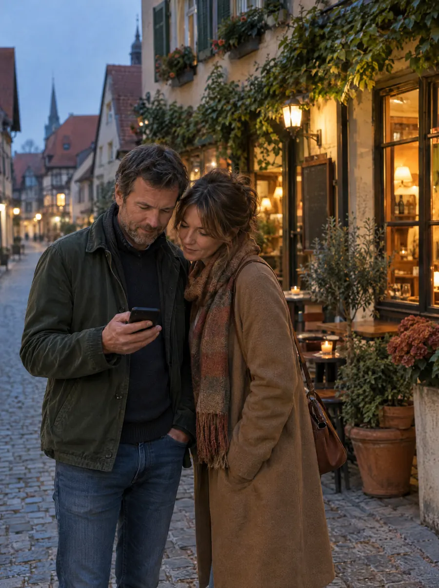 Ein Paar steht am Abend in einer Altstadtgasse vor einem Restaurant und schaut gemeinsam aufs Handy.