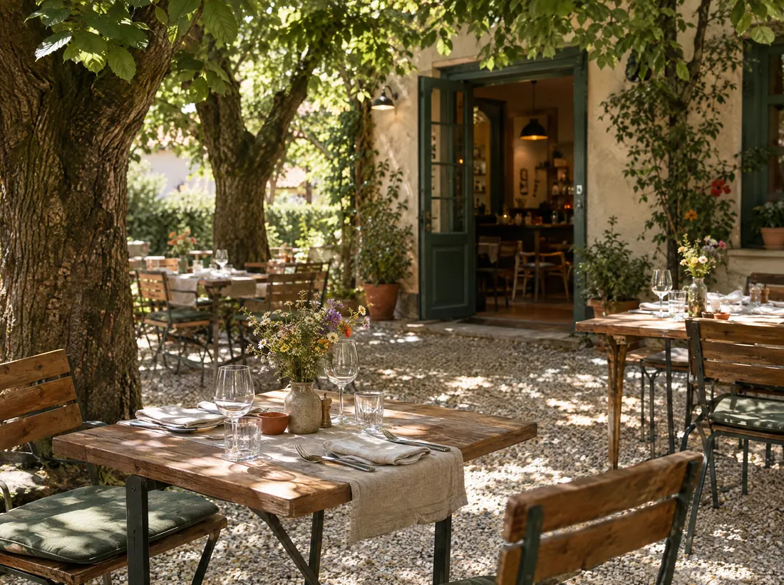 Gedeckte Holztische mit Wiesenblumen auf einer kleinen Bistro-Terrasse unter Kastanienbäumen.