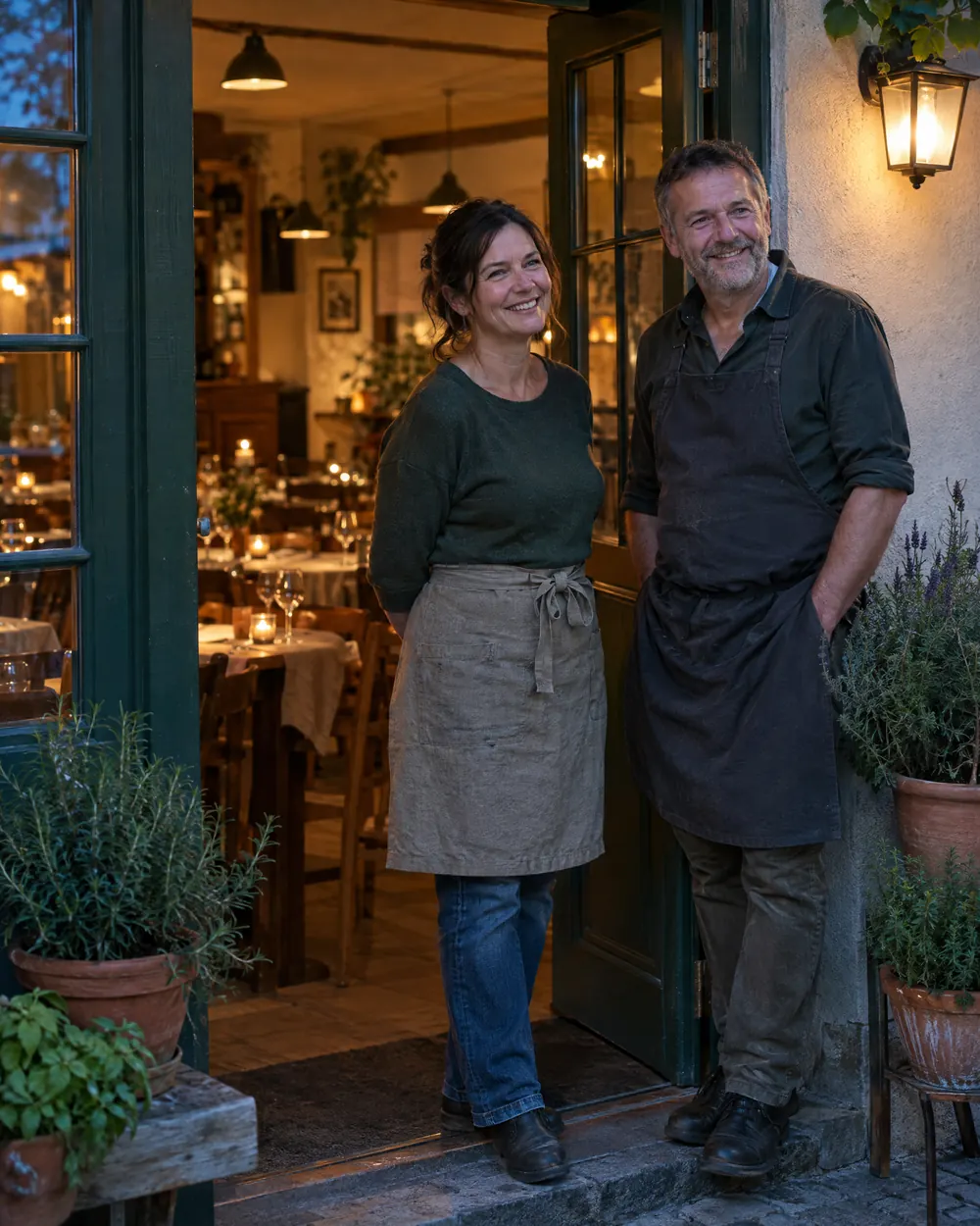 Ein Wirtspaar steht am Abend lächelnd in der offenen Tür seines Restaurants, drinnen leuchten die gedeckten Tische.
